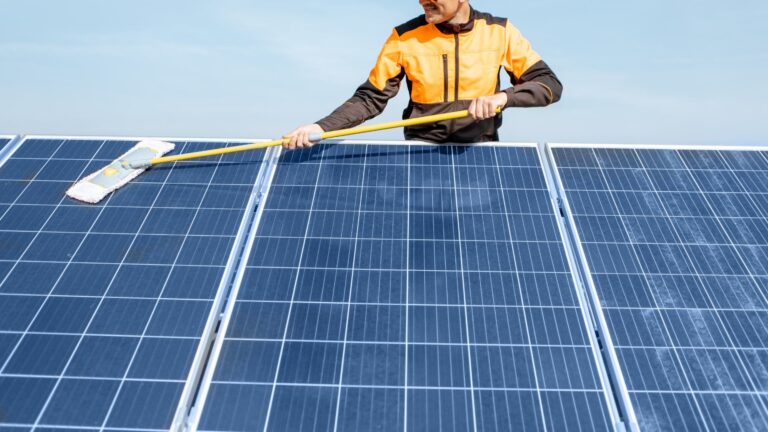 Ragazzo che sta pulendo pannelli fotovoltaici